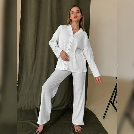 

QWZNDZGR Hiloc Ribbed Pajamas For Women Pajama Long Sleeves Single-Breasted Home Suit Knitting Sleepwear Drop Sleeve Trouser Suits Winter