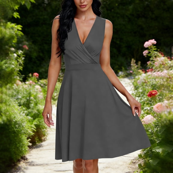 Roncen Summer Dresses for Women 2026 Casual Sleeveless V-Neck Sundress A-Line Beach Vacation Dress with Pockets