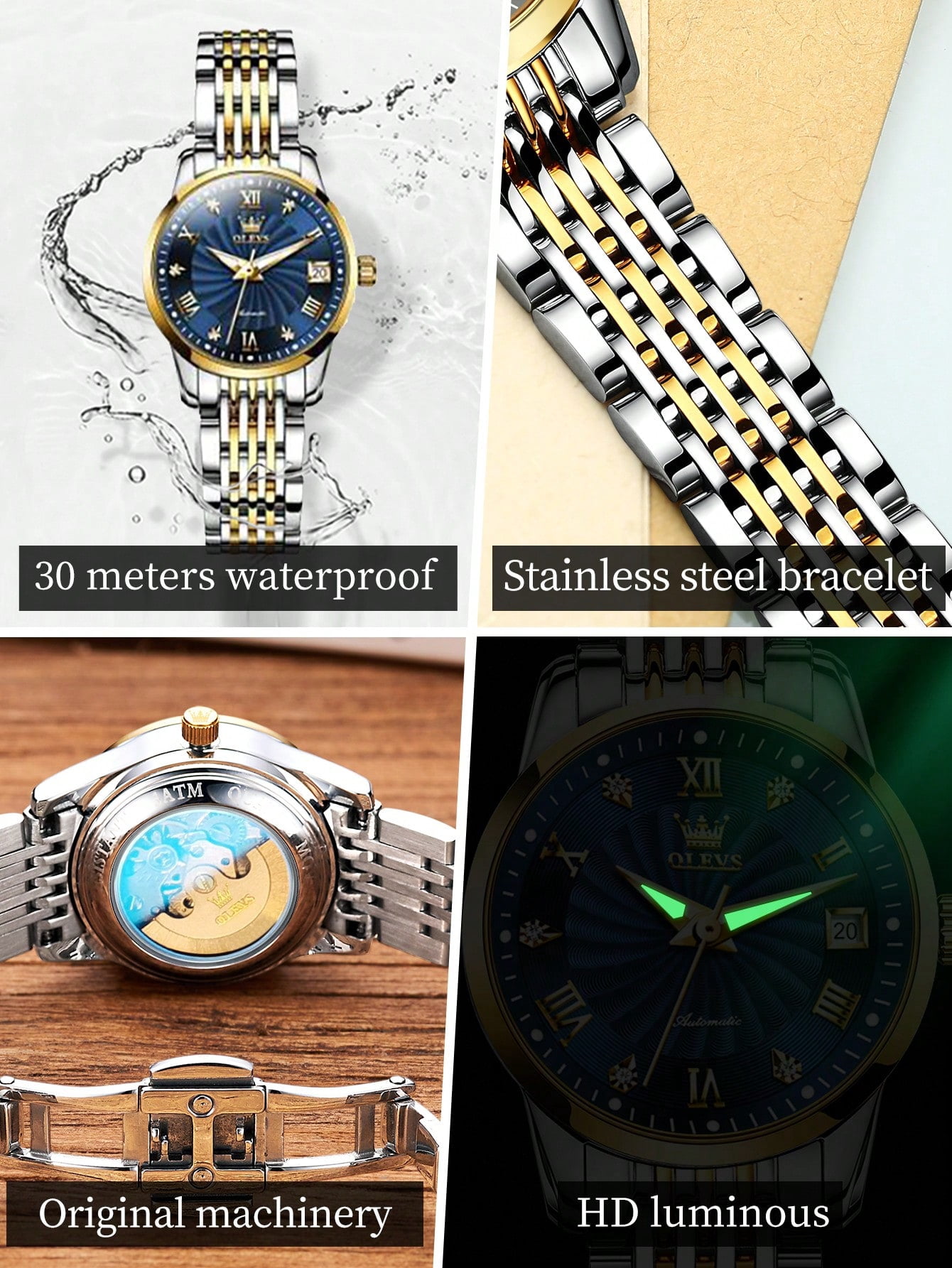 OLEVS Automatic Watches for Women Gold Classic Diamond Ladies Self-Winding Small Face Stainless Steel Wrist Watch Gift