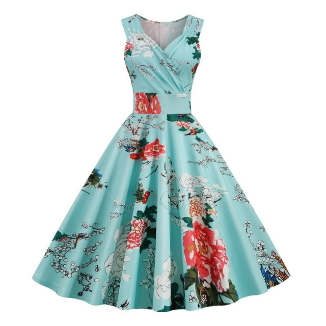 WILLBEST Vestidos Casuales para Mujer Fiesta Vintage de Las Mujeres con Cuello En V Sexy Estampado Floral Vestido sin Mangas Cena Vestido Formal Extra Grande