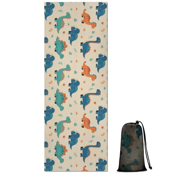 Beige Cartoon Dinosaurs Plants Pattern Hot Yoga Mat Towel Non Slip for Hot Yoga - Quick-Drying Yoga Mat Cover with 4 Corner Pockets with Travel Bag - Hot Yoga Towel Non Slip 70"x26"