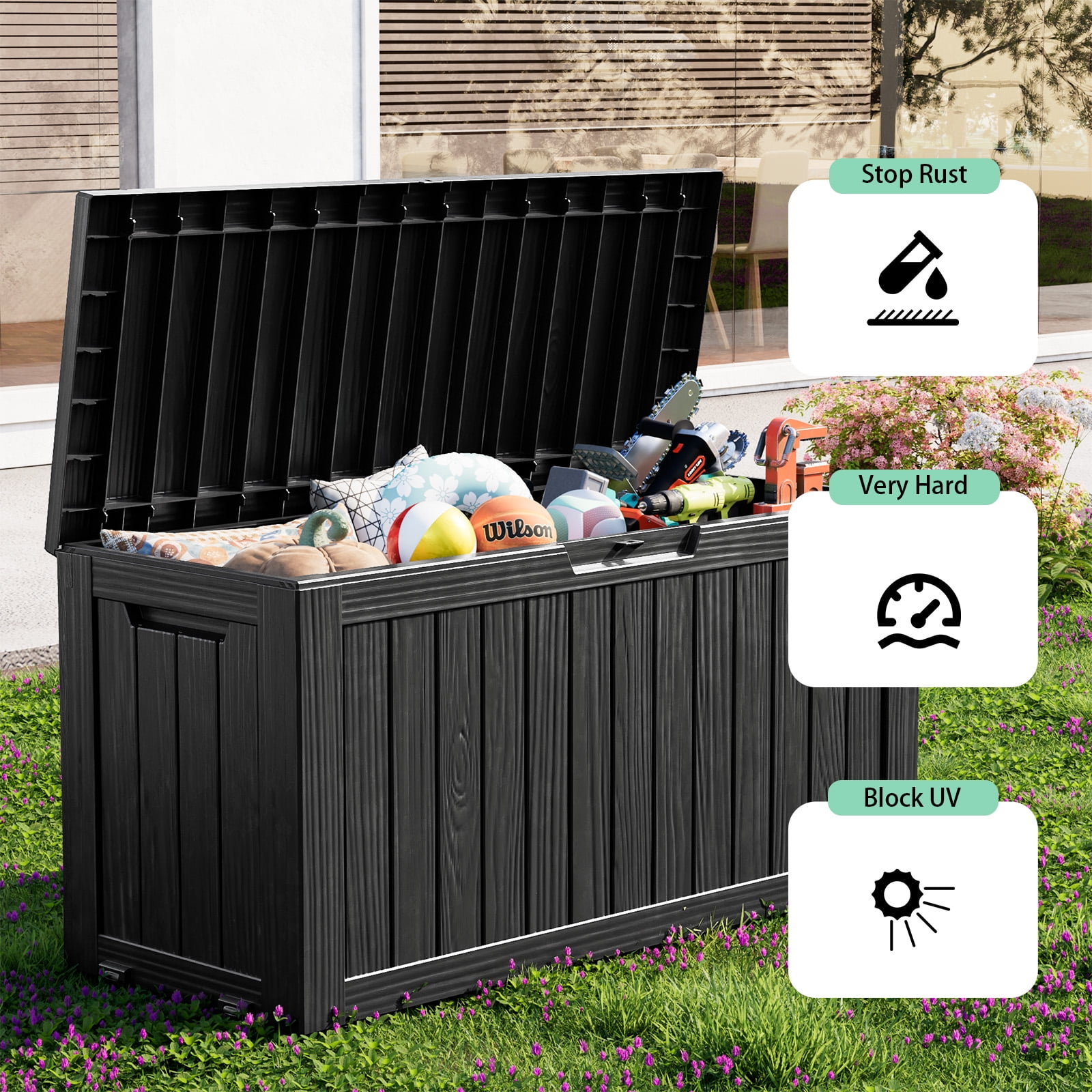 EASY UP 80 Gallon Resin Deck Box, Lockable Patio Outdoor Storage Box for Furniture, Garden Tools and Tools Storage, Waterproof Outside Storage Boxes.Independence Day Gift