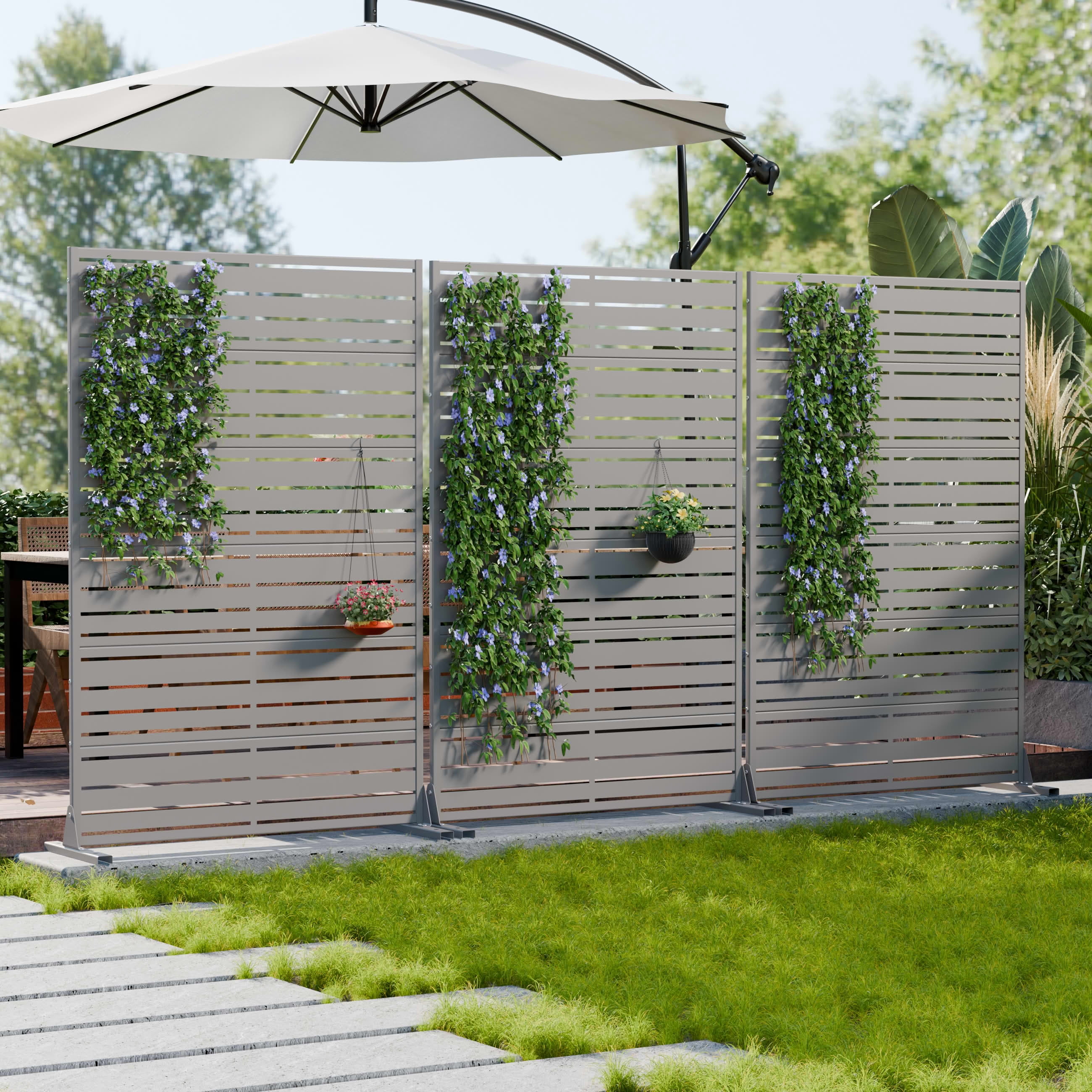 MAYEERTY 2-Piece 72"x47" Privacy Screen, Gray 6-Panel Galvanized Steel Louvered Fence, Wide-1 Narrow-2, Freestanding for Patio Backyard