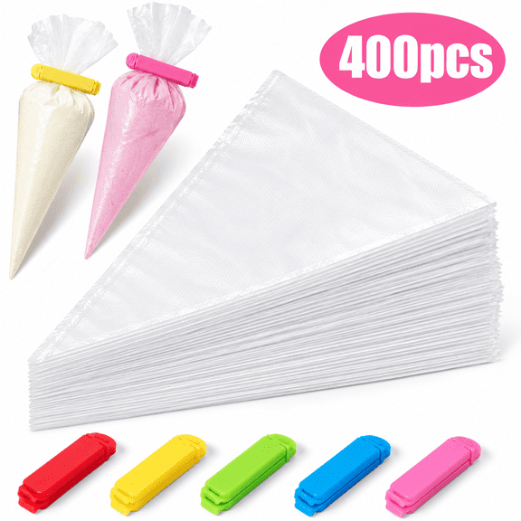 Piping Bags,Disposable Pastry Bags with 5 Clips 400 Pcs12'' Disposable Frosting Bags Cake Cookie Decorating Kit  ﻿
