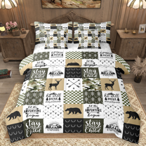 Manfei Wild Moose Deer Twin Bedding Sets 7pcs, Rustic Lodge Cabin Farmhouse Bedding Comforter Set, Gray Green White Plaid Checkered Sheet Sets, Super Cozy Room Decor