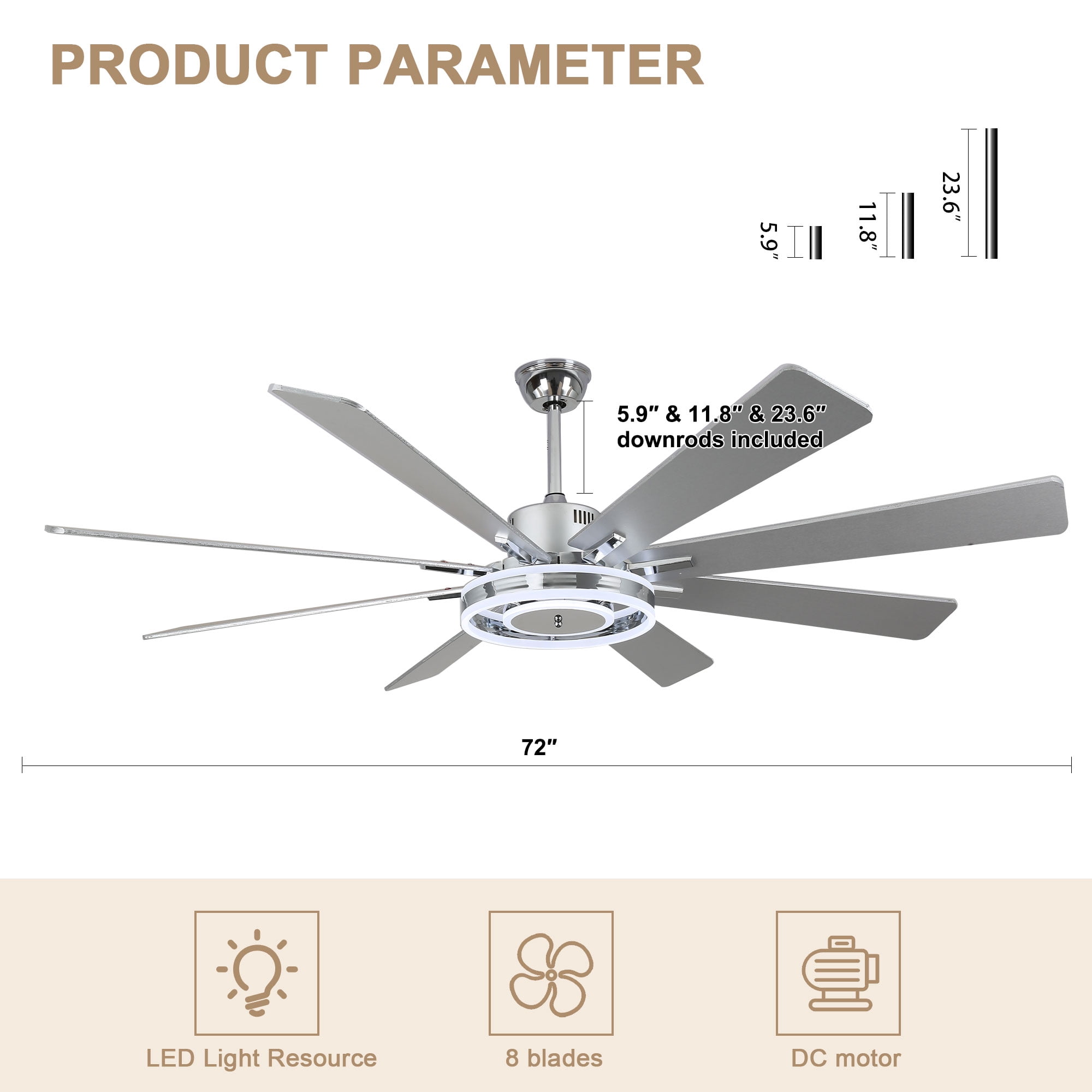 Bella Depot 72" Modern LED Ceiling Fan 6-Speed Reversible Chandelier With Dimmable Light and Remote Control