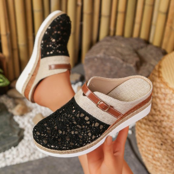 Samdudou Casual Shoes for Women Closed Toe Slip On Mules Intricate Crochet Mesh Upper with Buckle Strap Espadrille Sole Outdoor Walking Footwear Summer Getaways