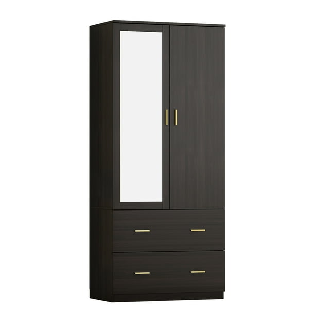 Hitow 2 Door Wardrobe Armoire Closet with Two Drawers, Clothing Rod and