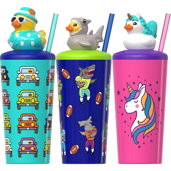 COOL GEAR Pop Topper Kids Tumbler with Straw, Mix-and-Match Character Topper, BPA Free Reusable Cup - SHARK/ATV/UNICORN (3-Pack)