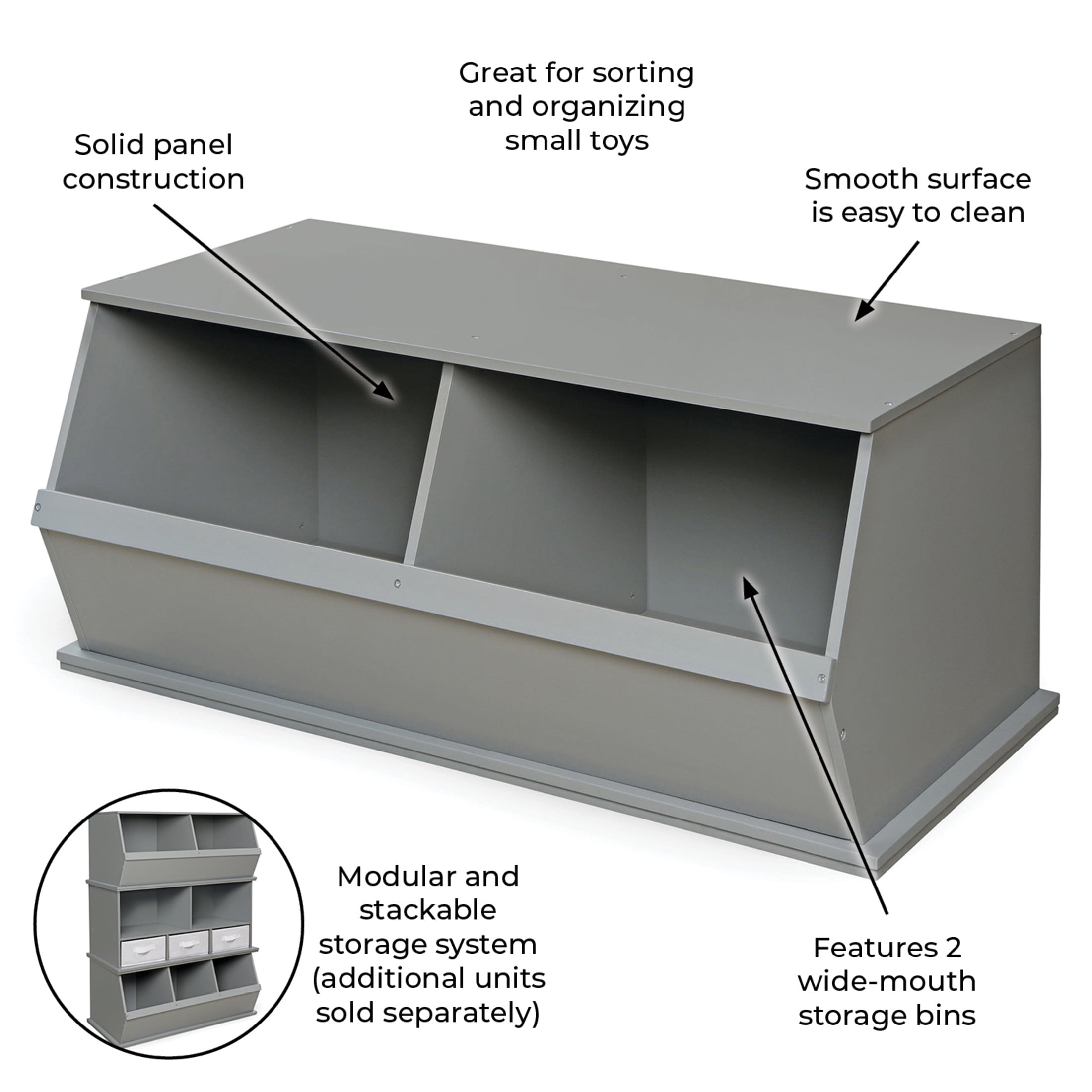 Badger Basket Children's 2-Bin Stackable Wooden Storage Cubby 5.3 Cu ft. – Gray