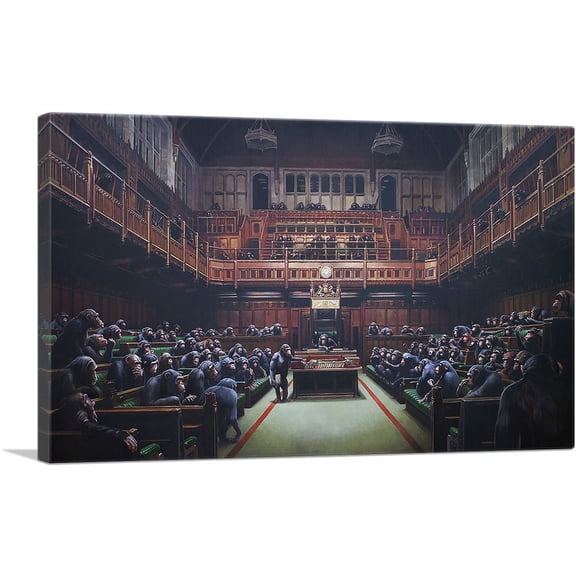 ARTCANVAS Monkey Parliament Canvas Art Print by Banksy - Size: 26" x 18" (0.75" Deep)