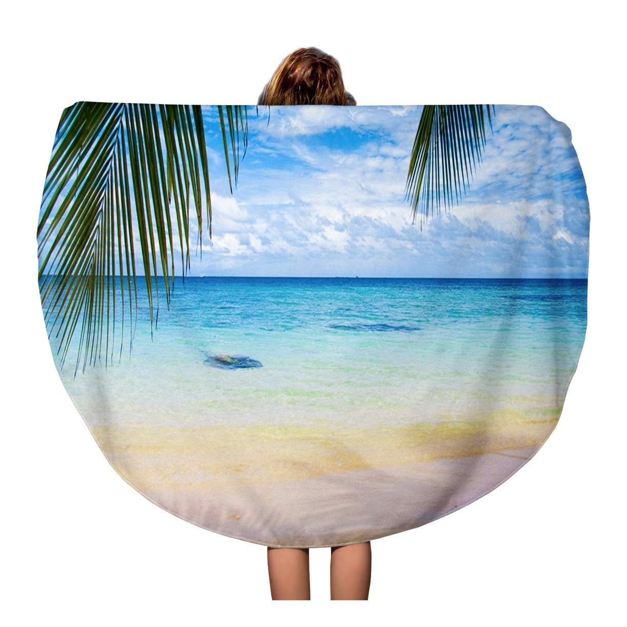 SIDONKU 60 inch Round Beach Towel Blanket Blue Scene Beach Under Palms