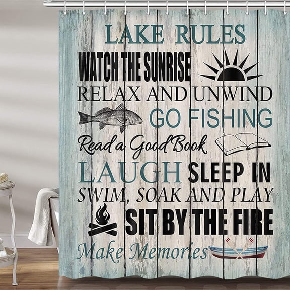 Lake Life RV Shower Curtains for Bathroom, Rustic Camper Fabric Shower Curtain Set, Nautical Cabin Camp Bathroom Accessories Lake House Decor for The Home, Hooks Included (72W X 72H)