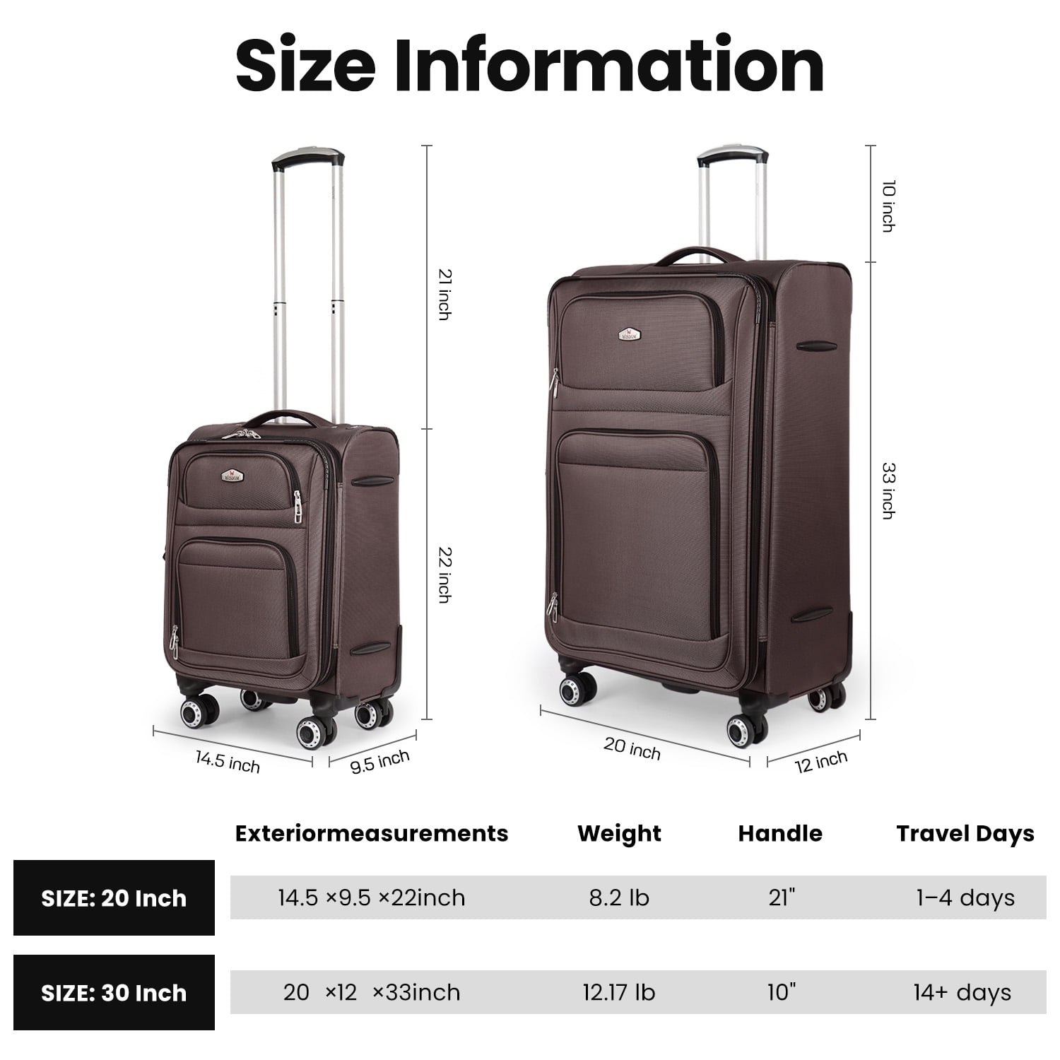 2-Piece Softside Luggage Set Expandable Spinner with TSA Lock, Lightweight Carry-On & Large Checked Suitcase,20"/30",Coffee - WD1622