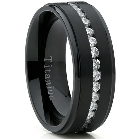 Black Titanium Ring Band - Black Titanium Men's Eternity Wedding Band Ring with Cubic Zirconia CZ, Comfort Fit 8mm
