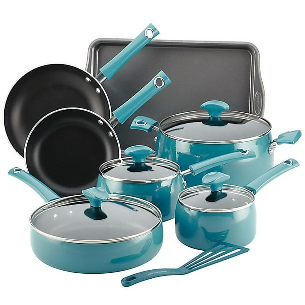 Rachael Ray Cityscapes Porcelain Enamel 12 Piece Cookware Set In Turquoise Walmart Com Walmart Com