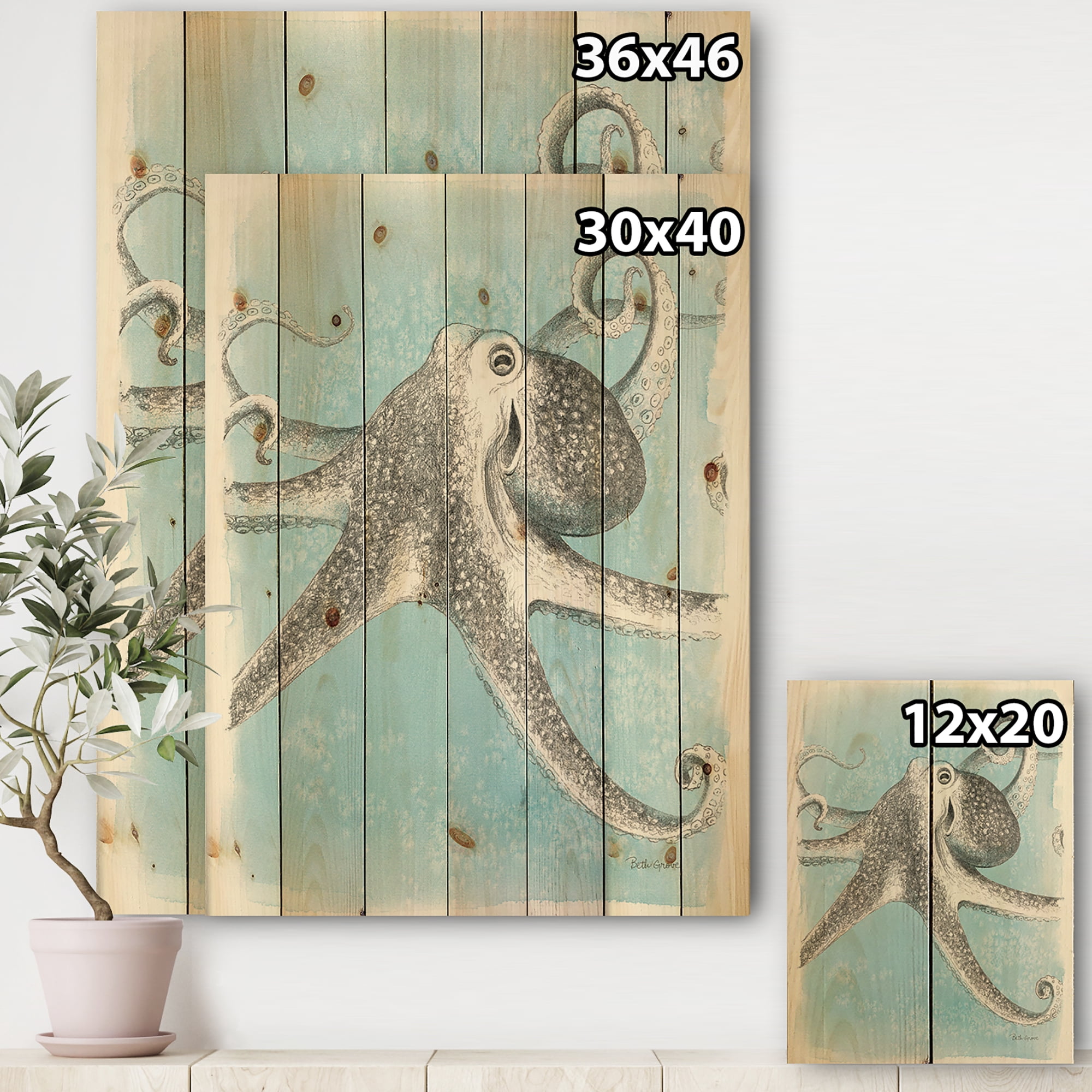 Designart Coastal Sea Life II Octopus Sketches Nautical Print on Natural Pine Wood Art Print, 36" x 46"