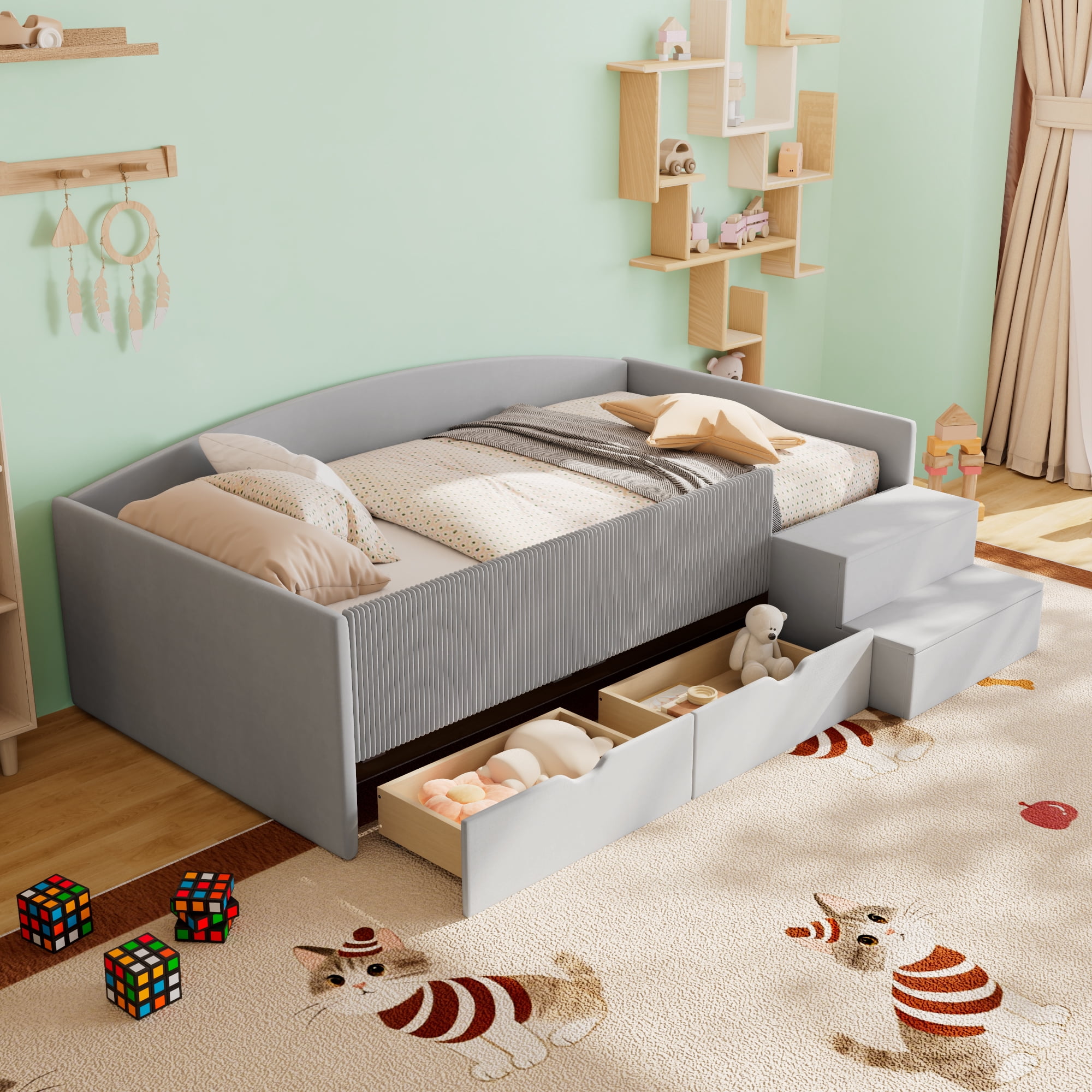 Mintazer Twin Size Upholstered Floor Daybed Frame with Safety Guardrail & 2 Storage Drawers & Stairs for Todder Kids, Gray