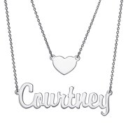- Personalized Planet Women's Sterling Silver or Gold over Silver Script Nameplate and Heart Layered Double Necklace