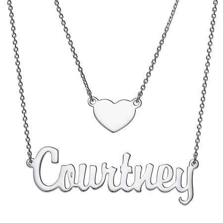 - Personalized Planet Women's Sterling Silver or Gold over Silver Script Nameplate and Heart Layered Double Necklace