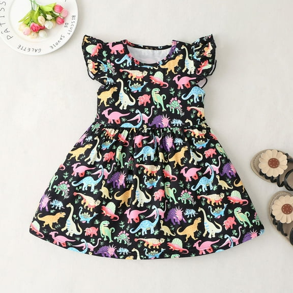 FAMTKT Toddler Baby Girl Dress Summer Dinosaur Print Multicolor Flying Sleeves Casual Dress Summer Beach Sundress