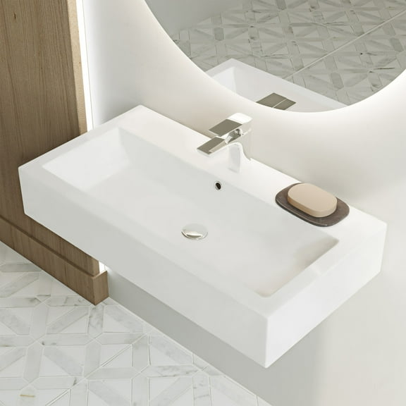 Voltaire Wide Rectangle Wall-Mount Sink in Shiny White