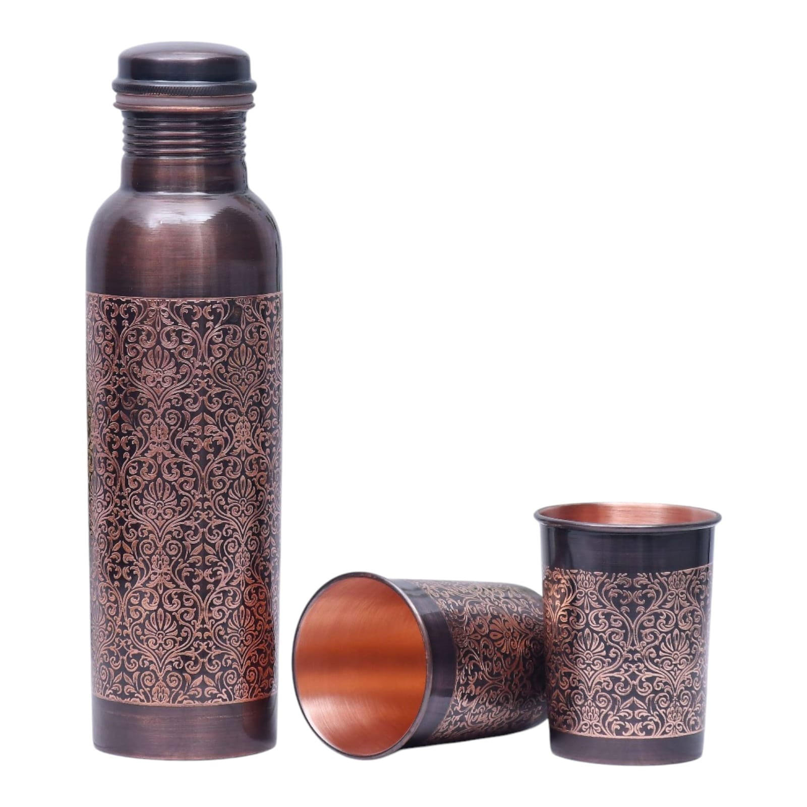Pure Copper Water Bottle With Antique Floral Finish With 2 Tumbler Glass Set Ayurveda Health Benefits (950 ml, 300 ml)