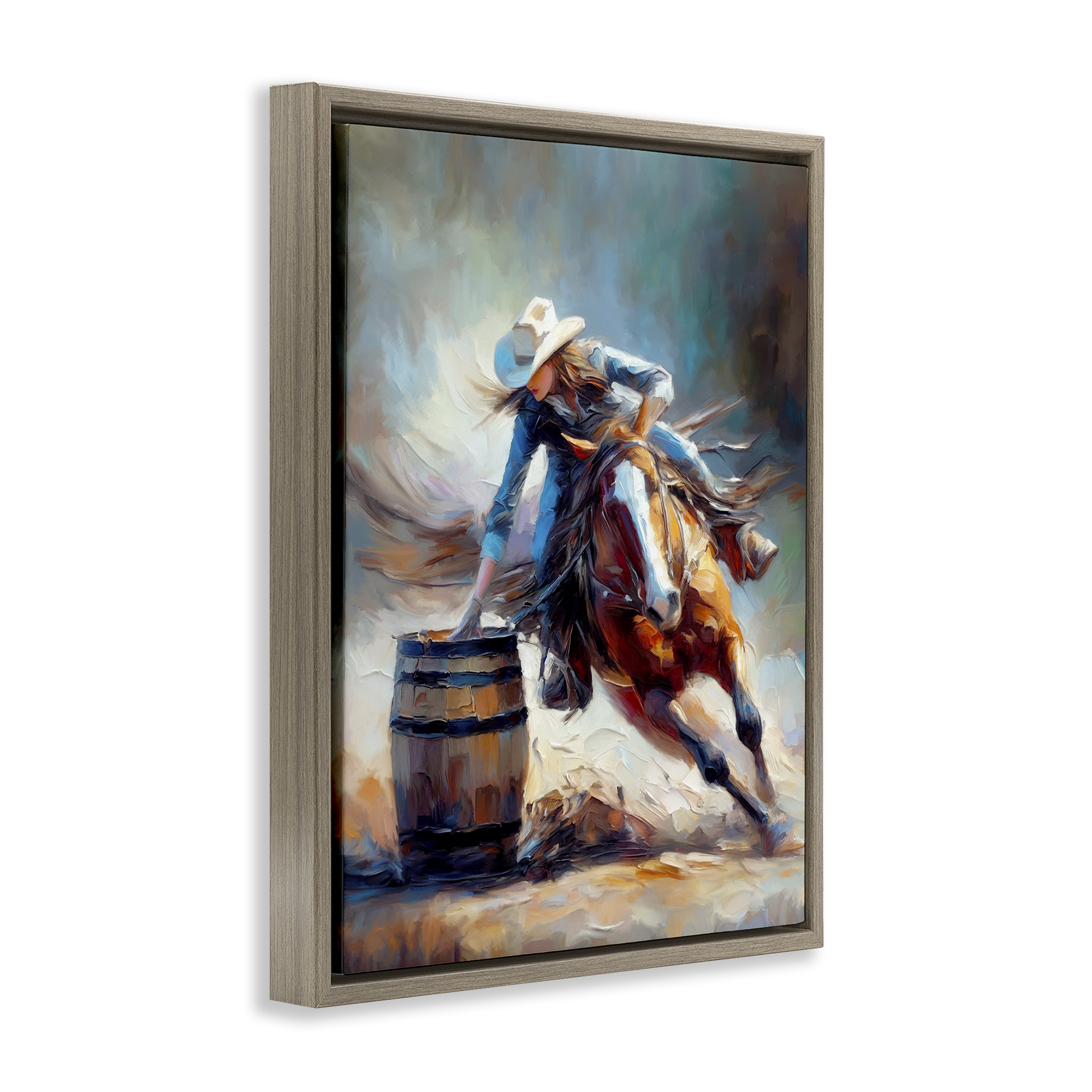 Stupell Industries Barrel Racer Cowgirl Novelty Painting Brown Floater Framed Canvas Art Print Wall Art, 25 x 31