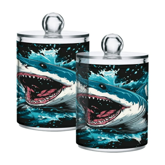 2 Pack Bathroom Canisters Transparent Storage Jar for Cotton Ball, Swab, Floss Aggressive Blue Shark
