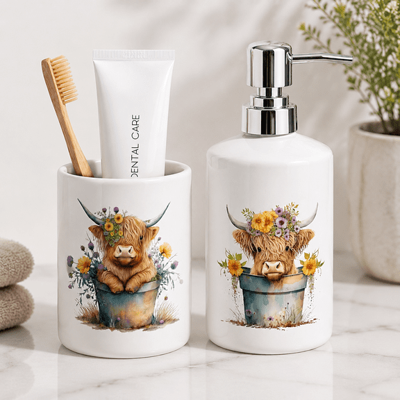 Highland Cow Ceramic Bathroom Accessory Set with Soap Dispenser and Toothbrush Holder