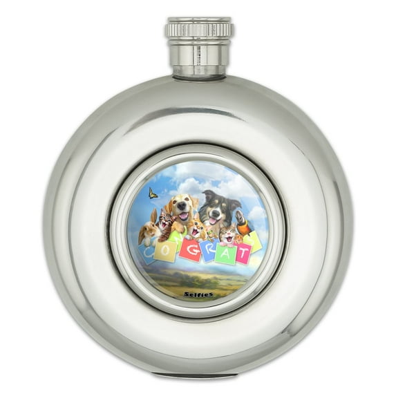 Pet Congratulations Selfie Dogs Cats Round Stainless Steel 5oz Hip Drink Flask
