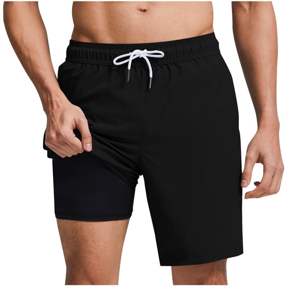 Mens Swim Shorts with Compression Liner Plain Swimming Trunks Elastic Waist Sports Board Shorts Holiday Beach Pools Surfing Boardshorts Summer Quick Drying Short Pants Swimwear