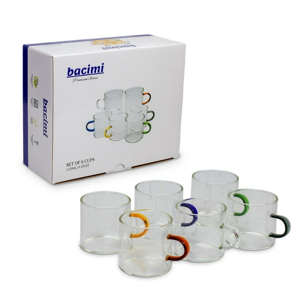 Bacimi Tazas de Café Transparentes con Asas de Colores - Juego de 6 / 4 Oz / 120 Ml - Tazas de Vidrio de Borosilicato para Capuchino, Té, Café con Leche, Espresso y Bebidas Calientes
