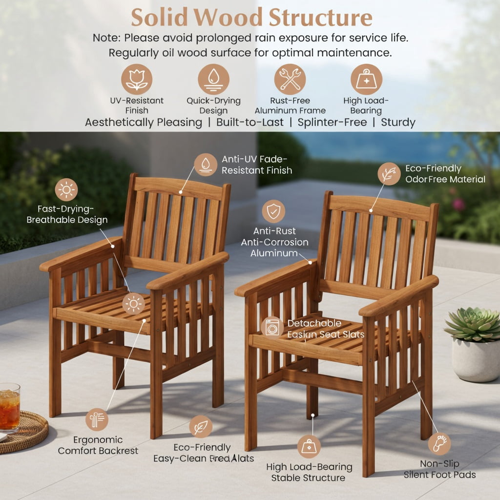 Hommoo 2-Piece Solid Wood Outdoor Patio Chairs Set, Ergonomic Slatted Seat, Inclined Backrest & Armrests for Porch, Balcony & Backyard, Natural