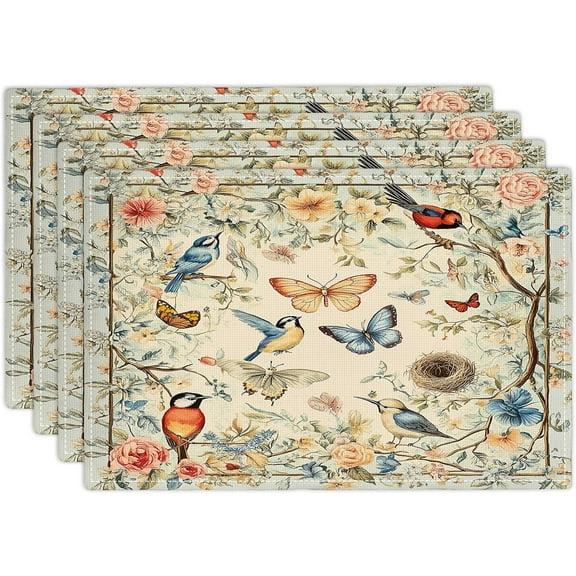 Farmhouse Bird Placemats Set of 4 Rustic Flowers Butterfly Table Mats Vintage Place Mats Decor Imitation Linen Heat Resistant Tablecloth for Dining Decorations Kitchen Party Restaurants 12''x18''