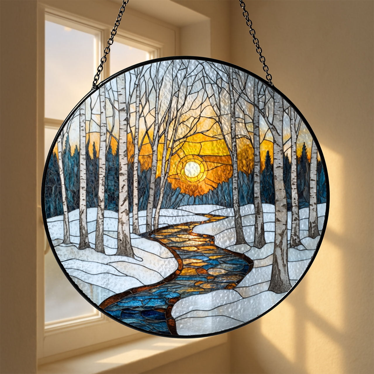 Fantasy Snow Forest Stained Glass Style Window Suncatcher, Winter