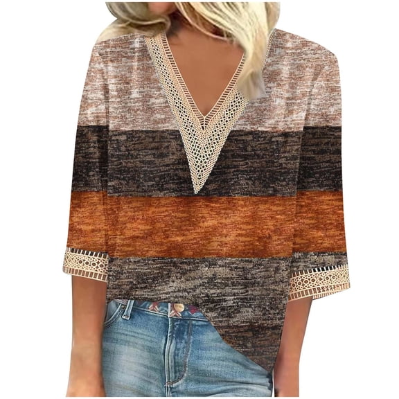 XPMWRP Women's 3/4 Length Sleeve Tops Fashion Lace V Neck Shirt Striped Print Tunic Tops Spring and Summer Floral Blouses Loose T Shirts Brown L