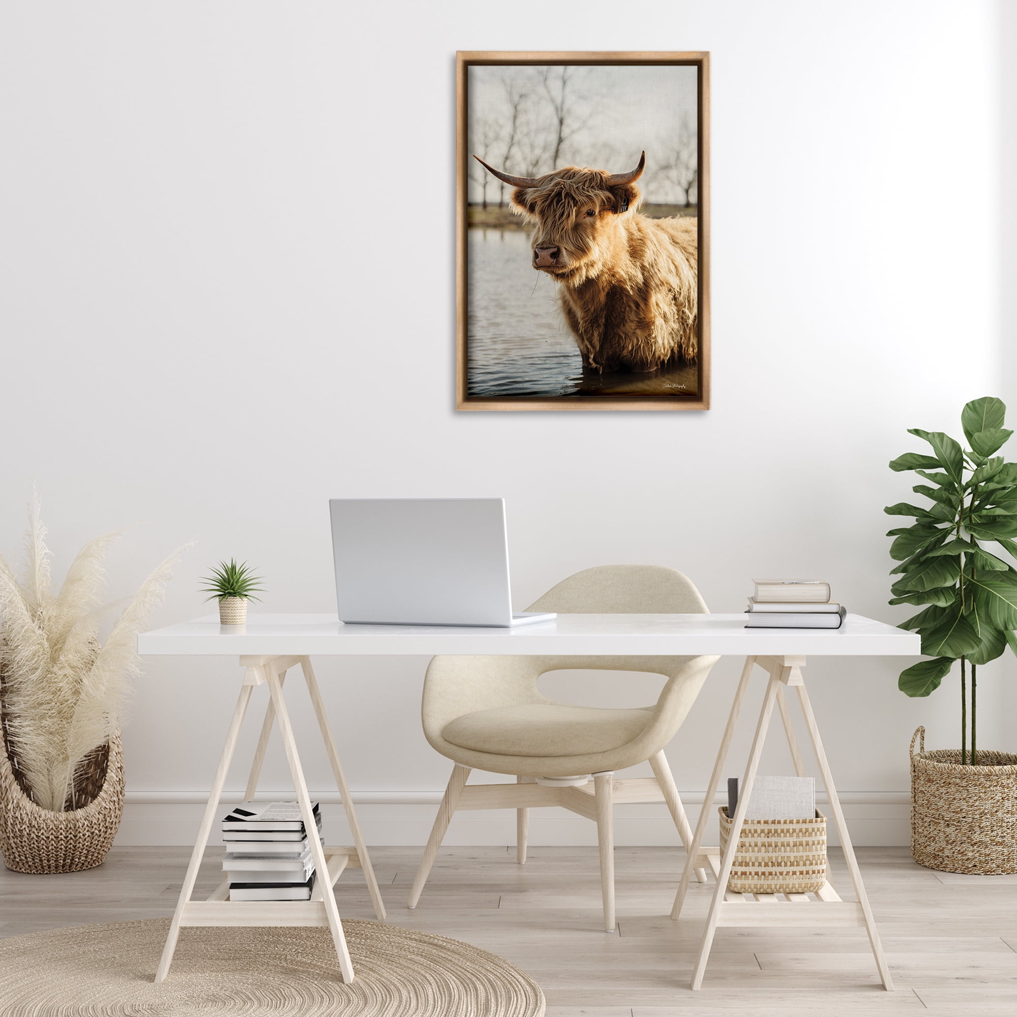 Stupell Industries Peering Cattle in Water Animals & Insects Photography Brown Floater Framed Canvas Art Print Wall Art, 21 x 31