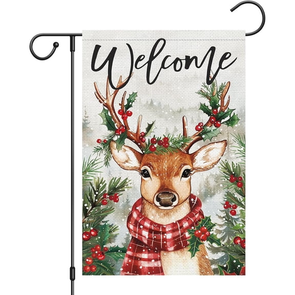 Welcome Christmas Garden Flag 12x18 Double Sided Burlap Reindeer Holly Yard Decor ONLY FLAG(74)