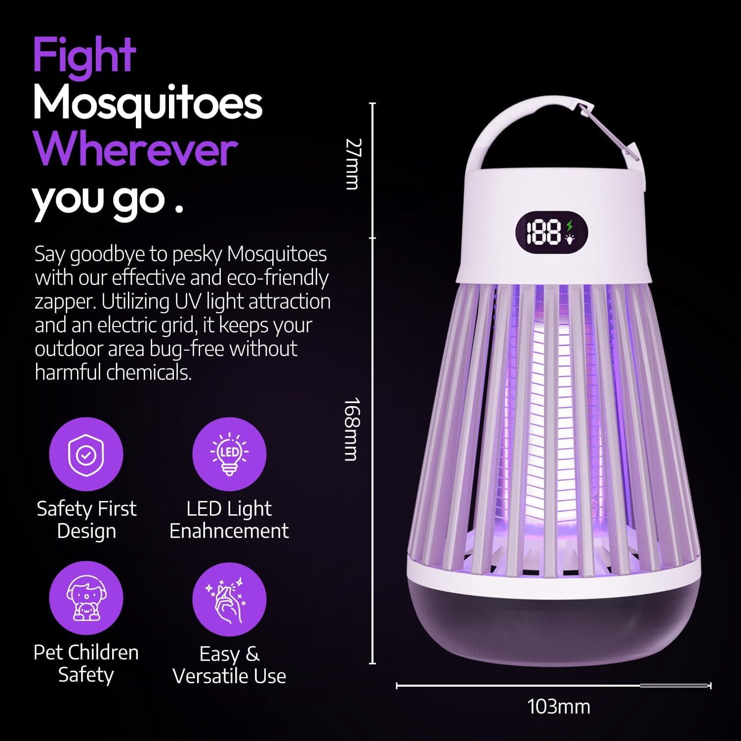 Portable Bug Zapper, Indoor & Outdoor, Cordless Rechargeable Mosquito Zapper, Hanging Hook, 1600V High Voltage, Trap for Fly, Insect, Mosquito & Bugs, Home Garden Patio Backyard