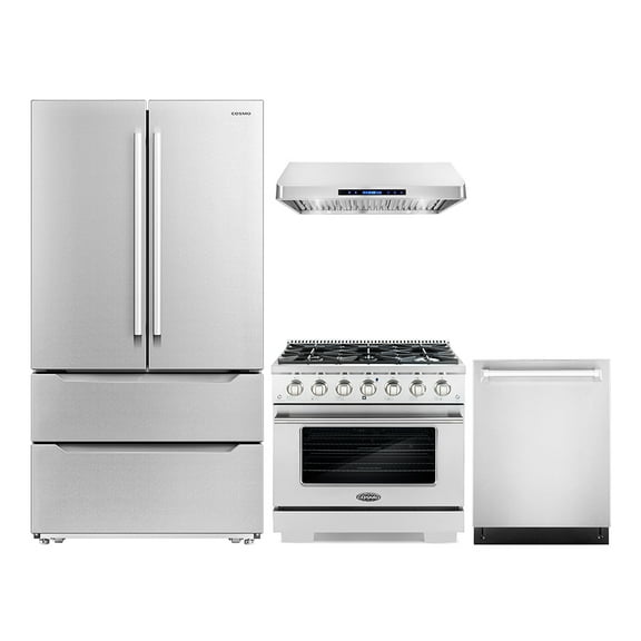Cosmo 4 Piece Kitchen Appliance Package with 36" Freestanding Gas Range 36" Under Cabinet Range Hood 24" Built-in Integrated Dishwasher & French Door Refrigerator Kitchen Appliance Bundles