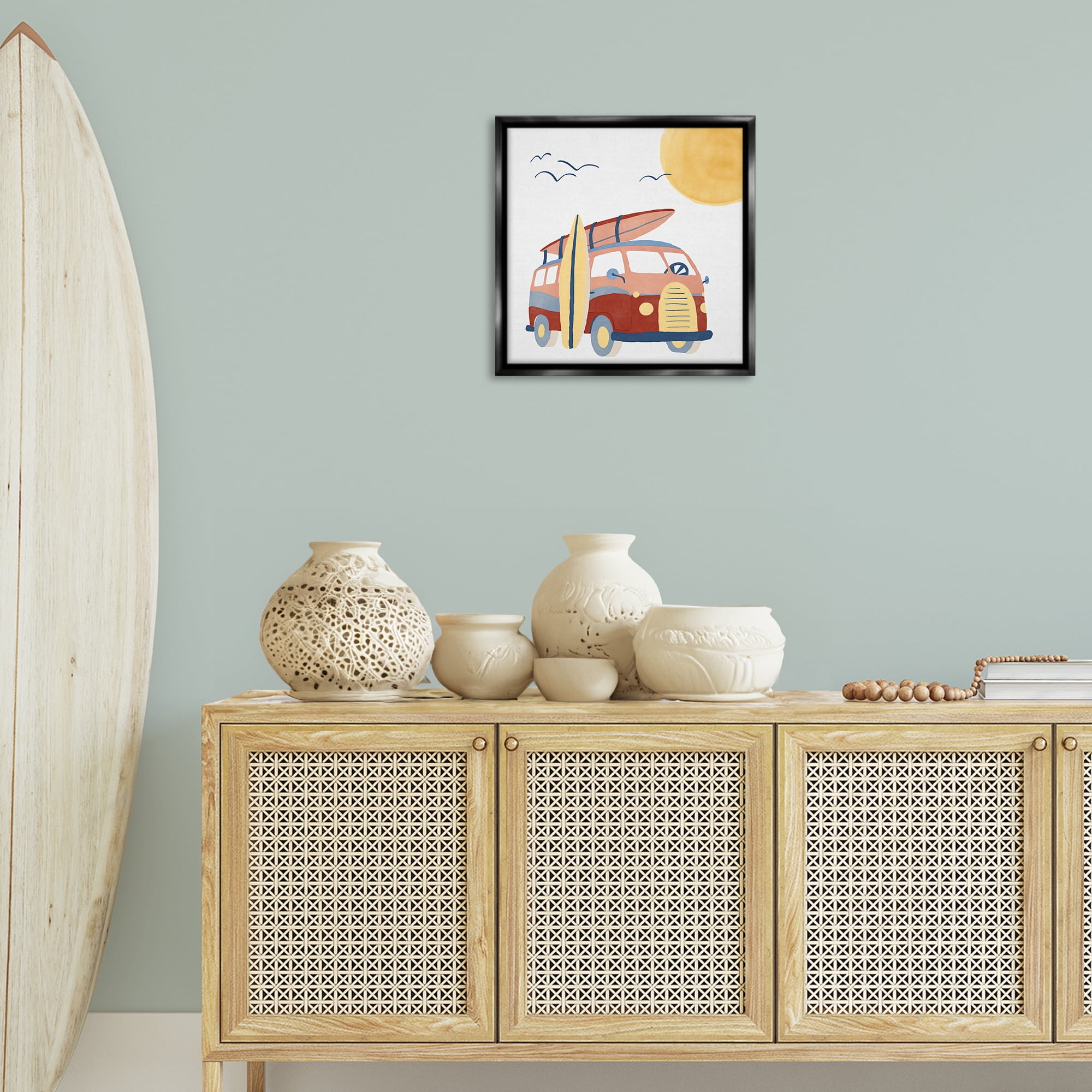Stupell Industries Summer Surf Bus Transportation Painting Black Floater Framed Canvas Art Print Wall Art, 18 x 18