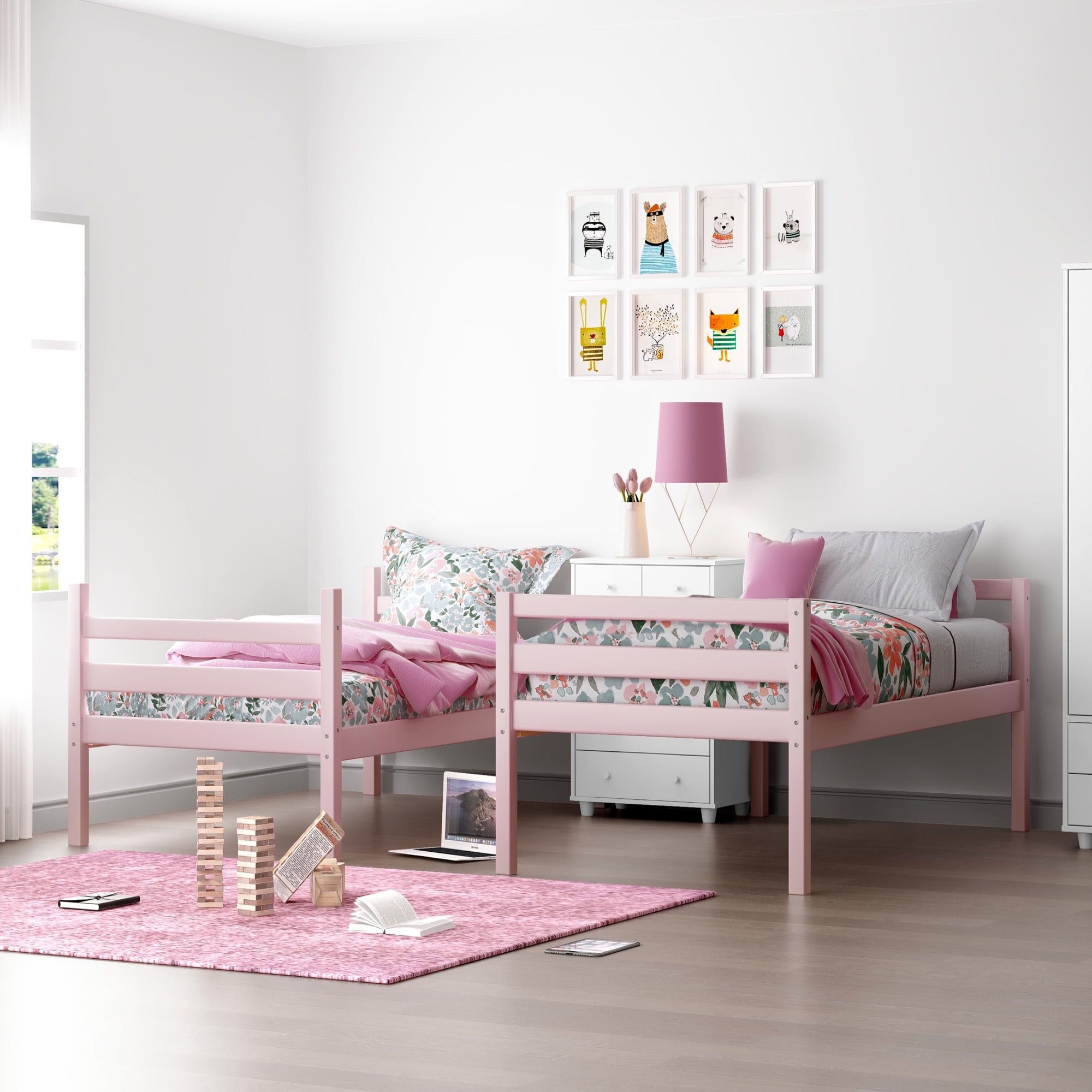HH2Home Essentials Campbell Wood Twin Over Twin Bunk Bed, Light Pink