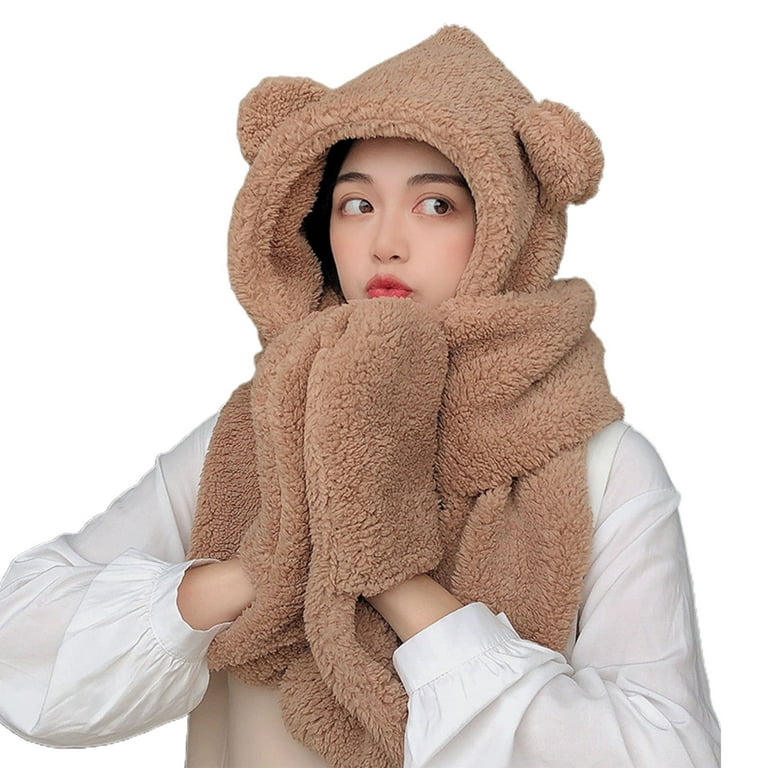 Women Girls Cartoon Cute Bear Winter Hats 2 in 1 Warm Thick Plush Hoodie  Cap Scarf Windproof Set