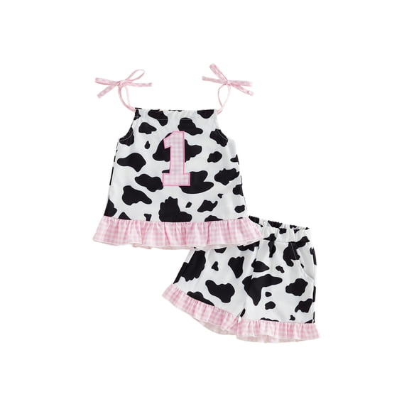 Cenuakty 2Pcs Toddler 12M-5T Girls Birthday Outfits Sleeveless Western Cow Print Tops and Elastic Waist Shorts Set