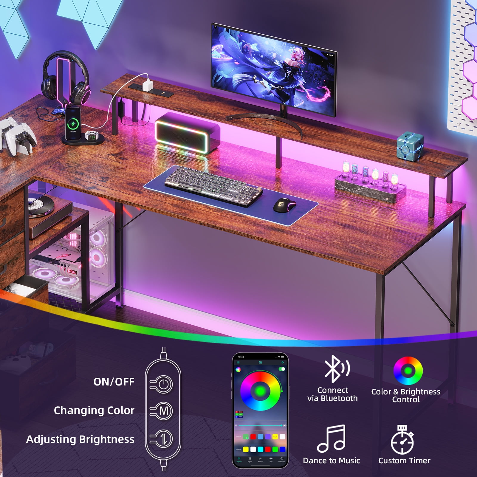 Eunos 61 inch L Shaped Gaming Desk with Power Outlets & LED Light, Computer Desk with 4 Tiers Drawers for Home Office, Wood Grain Print