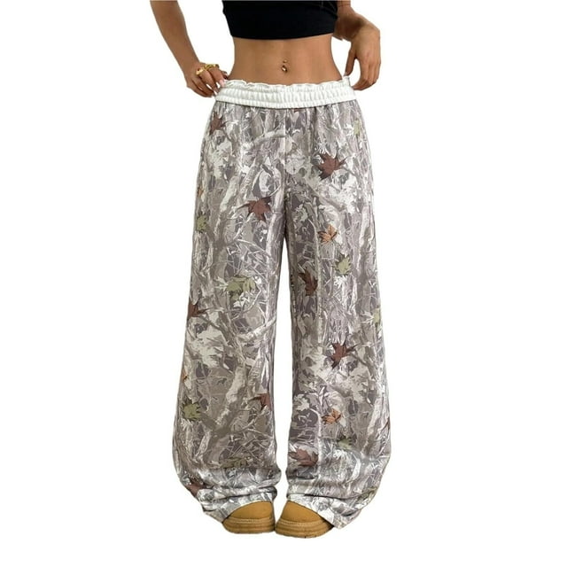 Pantalones harem informales elásticos de pierna ancha con cintura y estampado de camuflaje de hoja de arce for mujer