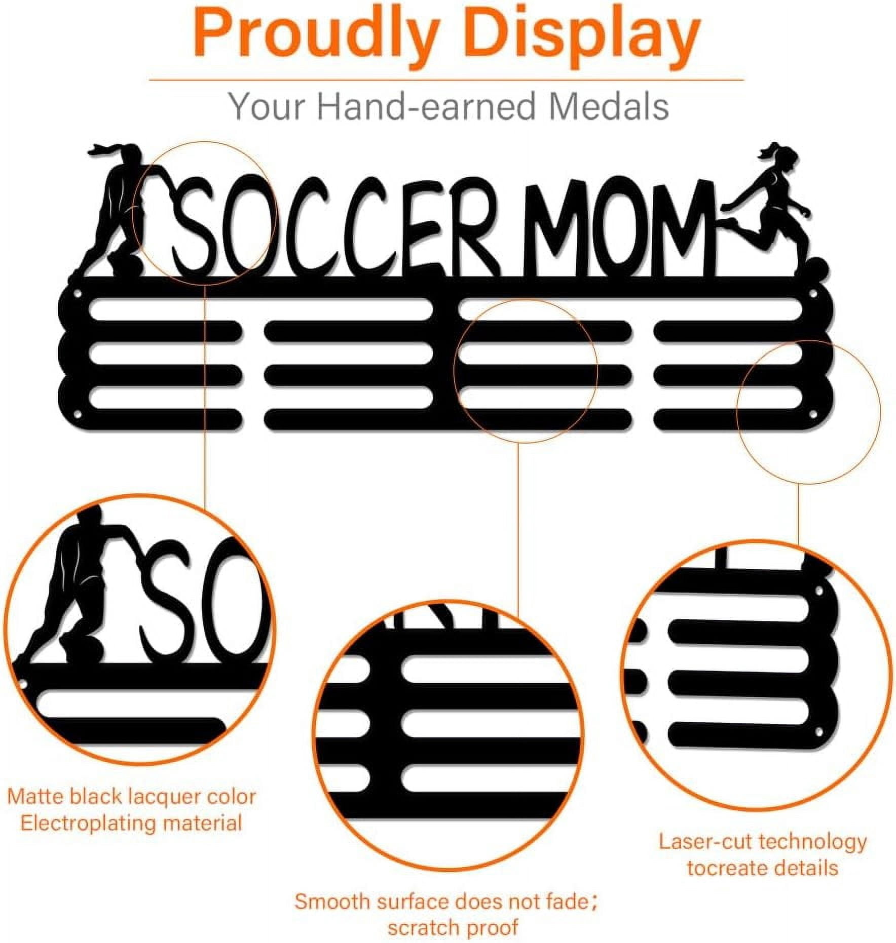 Soccer Medal Hanger Holder Display Soccer Mom Female Sports Medals Display Rack Wall Mount Iron Ribbon Hook Hanger Decor for Athletes Players Mom Capacity 15KG Black