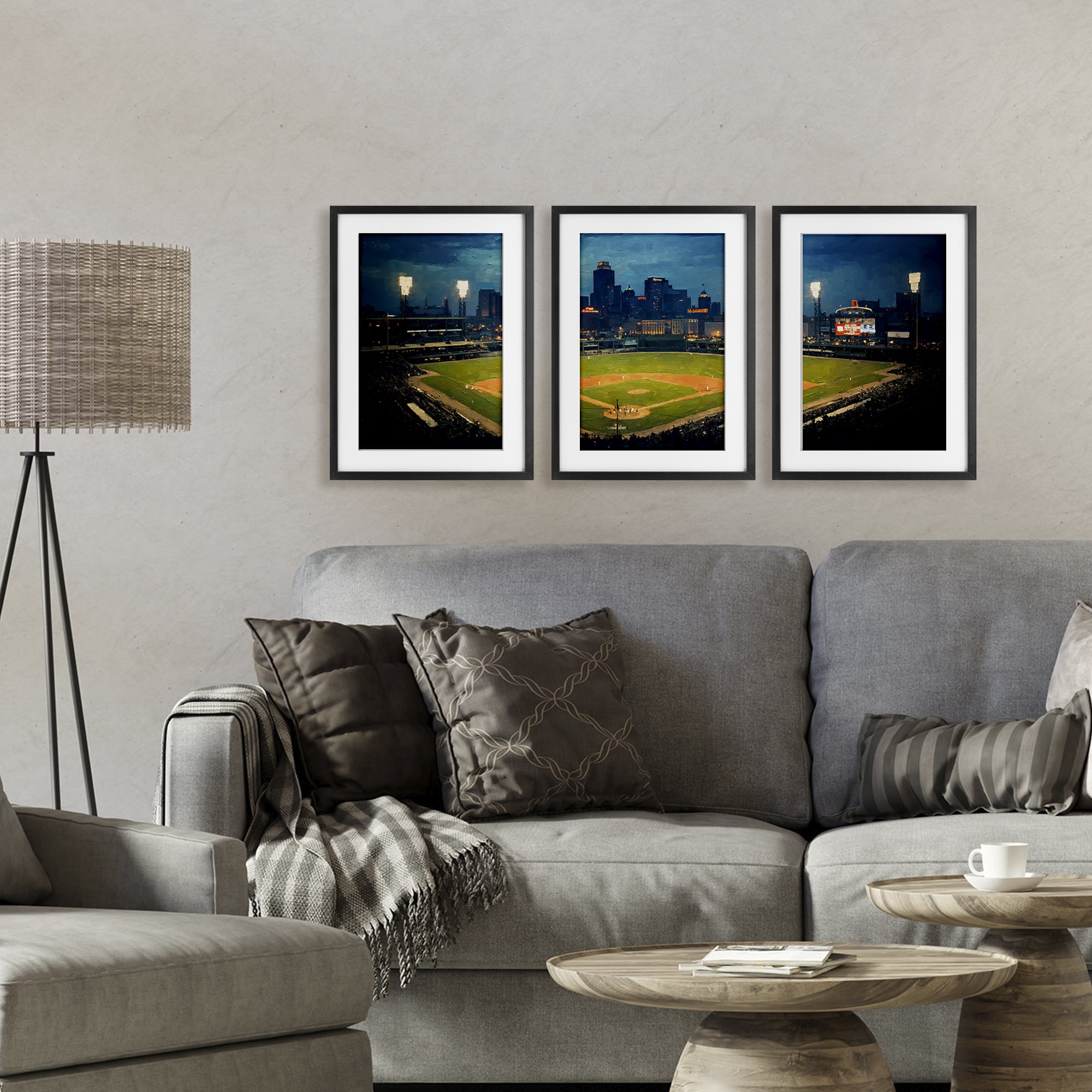 Stupell Industries Baseball Stadium Night View 3 Piece Black Framed Print Under Glass Set, design by Arlington Prints