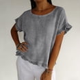 thumbnail image 5 of Favoffer Women's Cotton Linen Blouse Short Sleeve Round Neck Ruffle Pleated Solid Color Casual Loose Breathable Soft Summer Tops, 5 of 8
